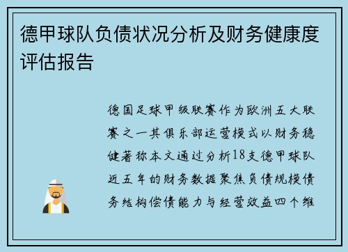 德甲球队负债状况分析及财务健康度评估报告